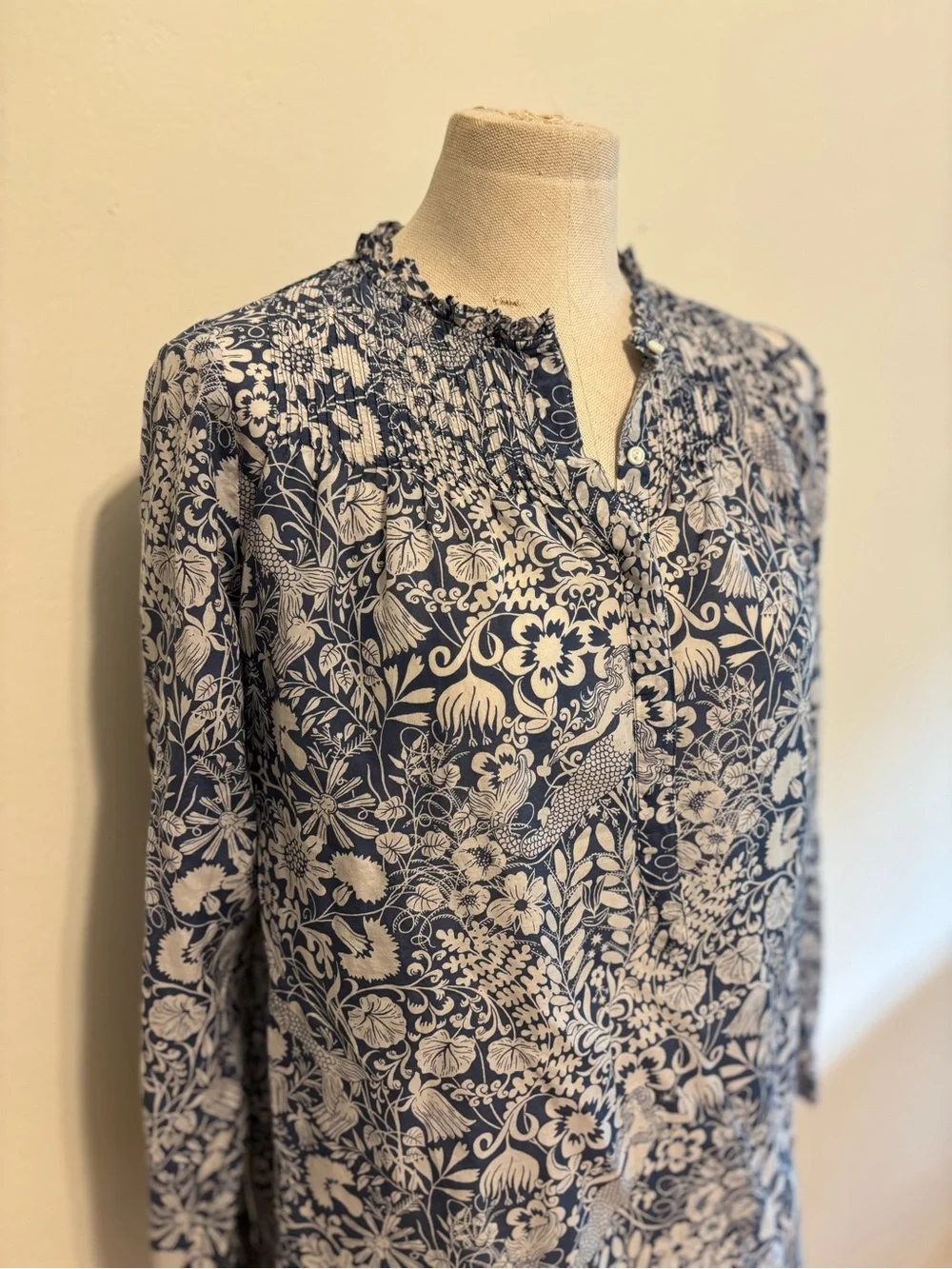 J.CREW Collection Silk-Cotton Smocked Ruffle-Neck Top in Mermaid Floral 4
